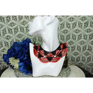 Red Orange and Black Beaded Panamanian Zulu Bib Collar Necklace